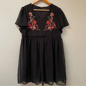 SHEIN black cute short sleeve embroidered floral dress.